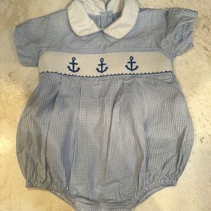 6-12 MO Gingham Bubble with smocking and sailboat embroidery